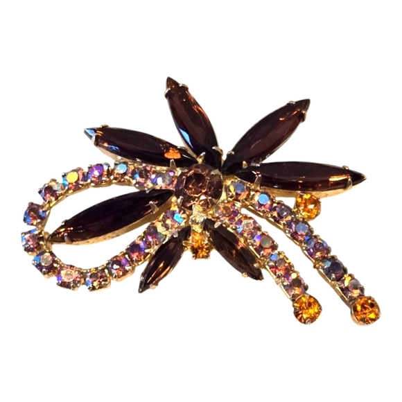 Rootbeer Brown Aurora Borealis Crystal Goldtone Vintage Brooch Pin - Picture 1 of 3
